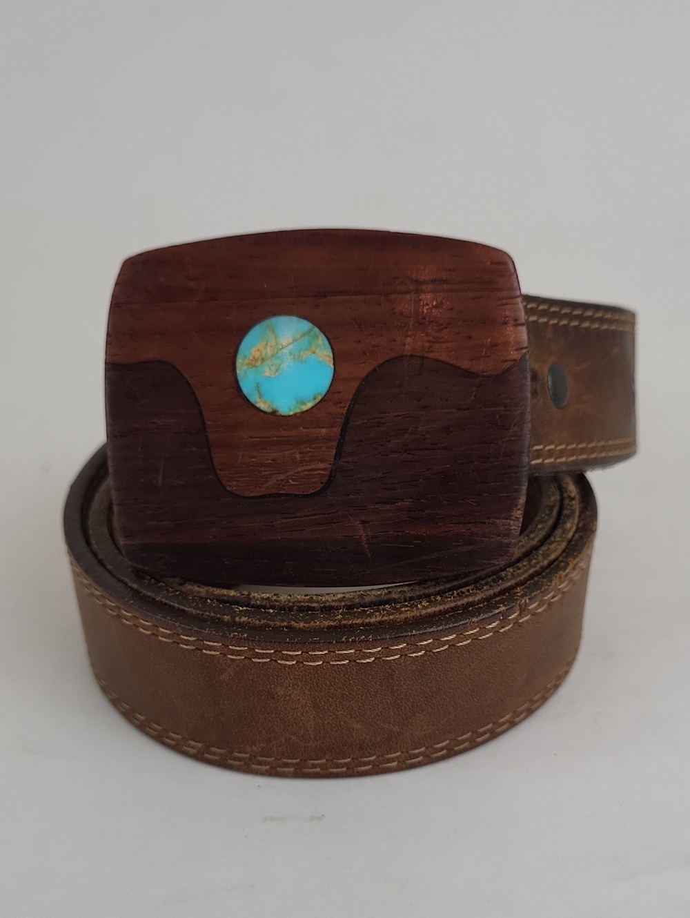 Silver Creek Brown Leather Belt with Wood & Turquoise Inlay Buckle Size 34